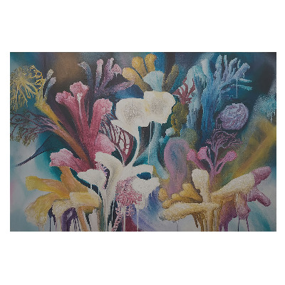Dekorativní fototapeta na zeď s motivem abstraktních květin v barevné krajině