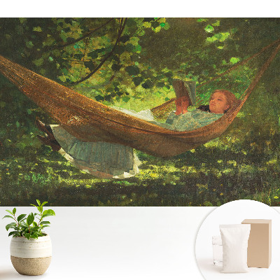 3D fototapeta s motivem odpočinku v houpací síti pod stromy