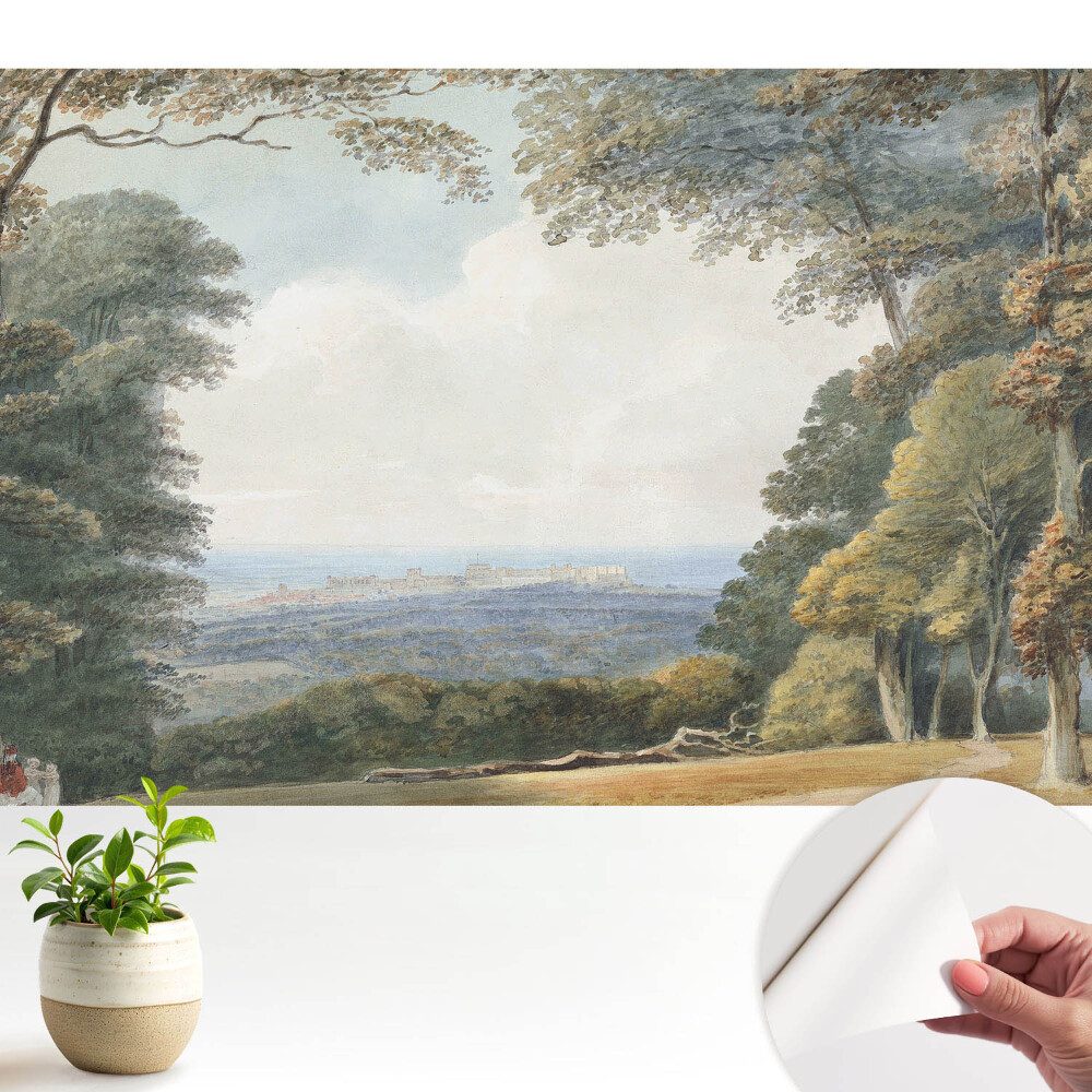 Fotografická tapeta na zeď s panoramatem města z lesní perspektivy
