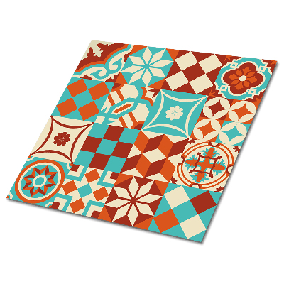 Samolepící podlahové čtverce Tyrkysový a oranžový mozaikový motiv