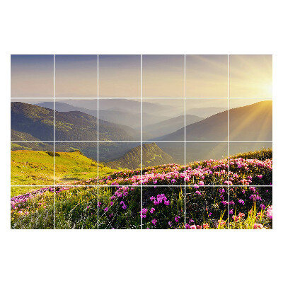 Nálepka na dlaždice Horská krajina s květinami