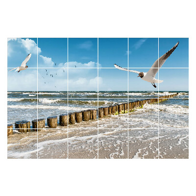 Nálepka na dlaždice Mořská krajina s ptáky