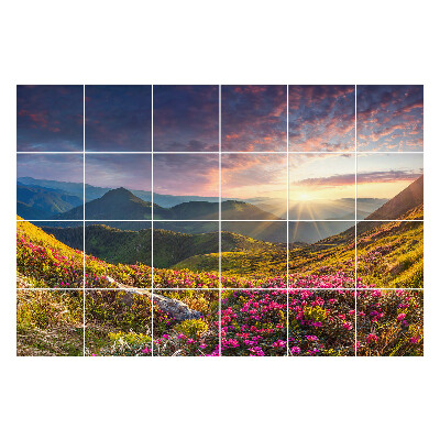 Nálepka na dlaždice Horská krajina s květinami