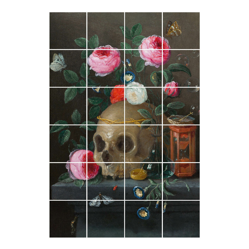 Samolepka na dlaždice Lebka mezi květinami