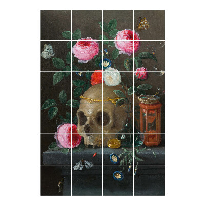 Samolepka na dlaždice Lebka mezi květinami