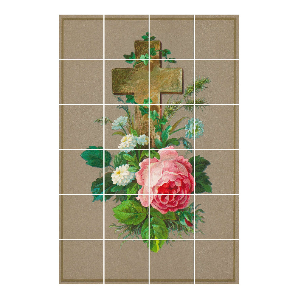 Nálepka na dlaždice Kříž obklopený květinami