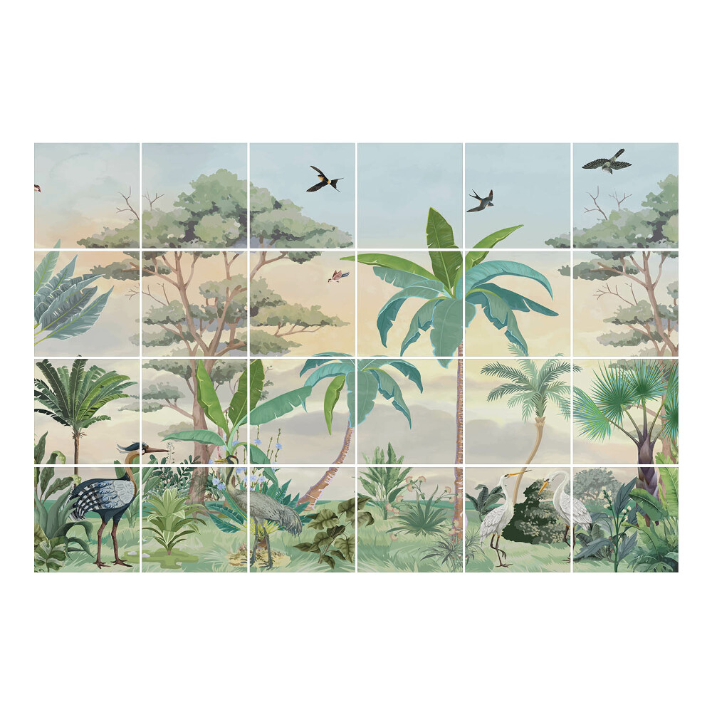 Nálepka na dlaždice Tropická krajina s ptáky