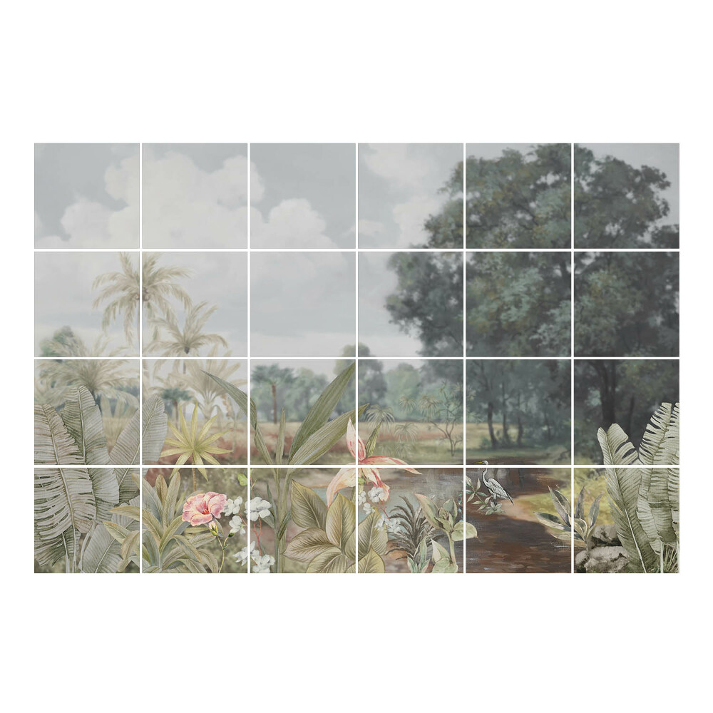 Samolepka na dlaždice Tropická krajina s ptáky