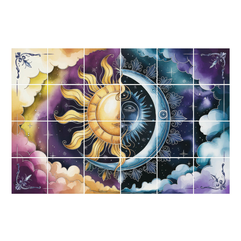 Samolepka na dlaždice Slunce a měsíc v oblacích