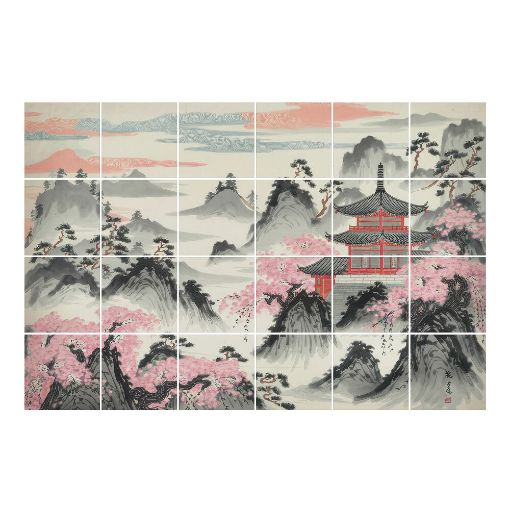 Samolepka na dlaždice Krajina s pagodou