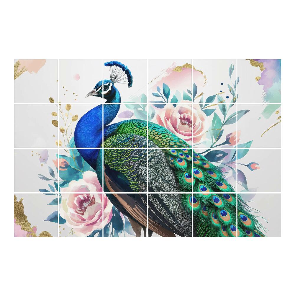 Nálepka na dlaždice Páví motiv s květinami