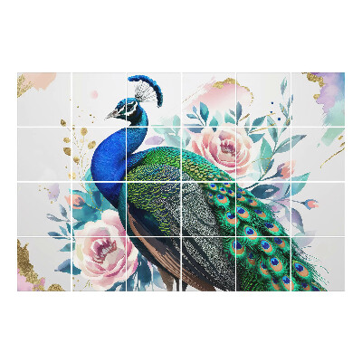 Nálepka na dlaždice Páví motiv s květinami