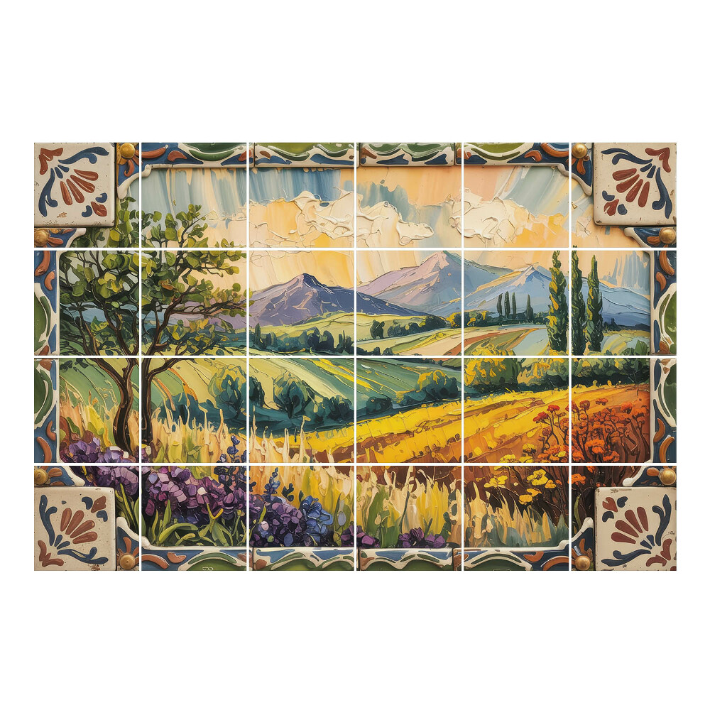 Nálepka na dlaždice Krajina s horami a stromy