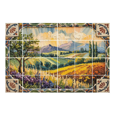 Nálepka na dlaždice Krajina s horami a stromy