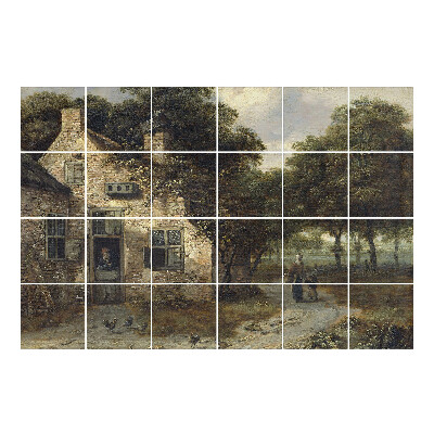 Samolepka na dlaždice Venkovská scéna s chalupou