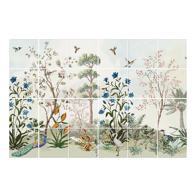 Samolepka na dlaždice Květinová krajina s ptáky