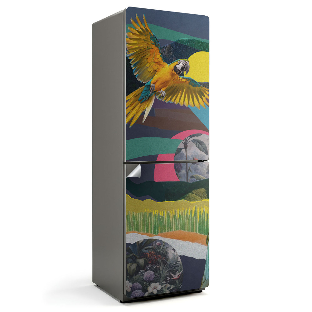 Fólie na lednici Papouščí koláž ve stylu vystřihovánky