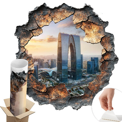 Samolepka na zeď díra 125x130 Město budoucnosti