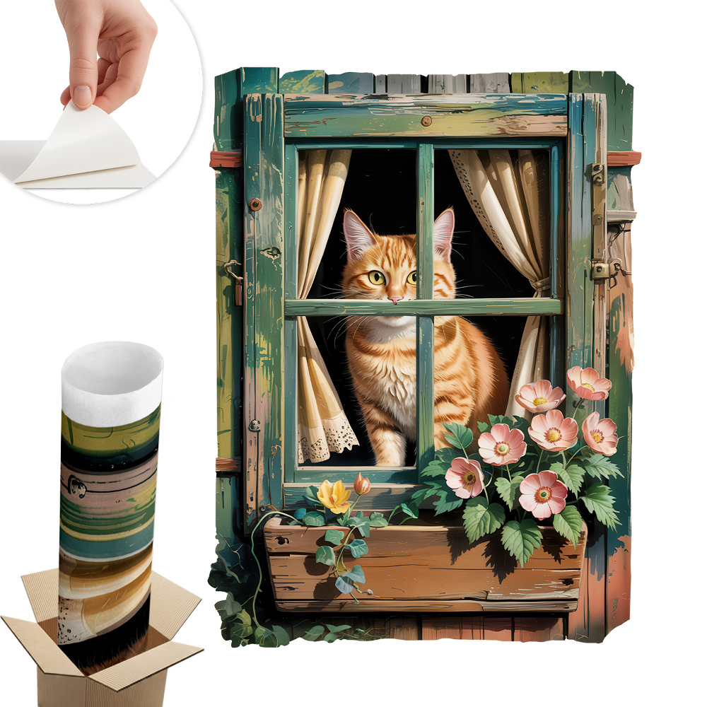 Nálepka imitace okna 45x60 Kotě v okně