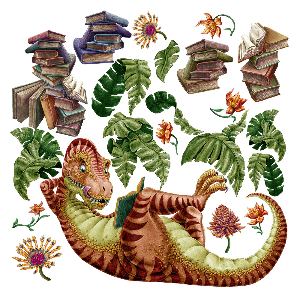 Samolepky na zeď dětské 80x119 Kreslený dinosaurus v listech a květech