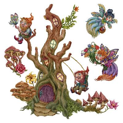 Samolepky na zeď dětské 80x83 Trpaslíci a víly v lesním prostředí