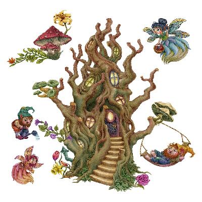 Samolepky na zeď dětské 80x106 Kouzelné lesní bytosti a domeček na stromě