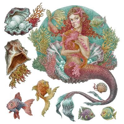 Samolepky na zeď dětské 80x79 Pohádkový svět ryb a mušlí v kreslené podobě