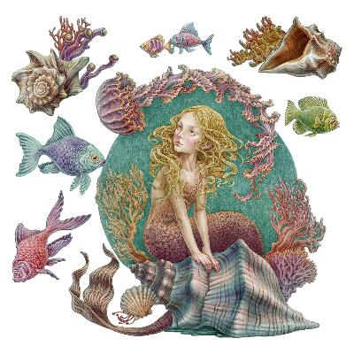 Samolepky na zeď dětské 80x71 Kreslená mořská panna a mušle v přímořské krajině