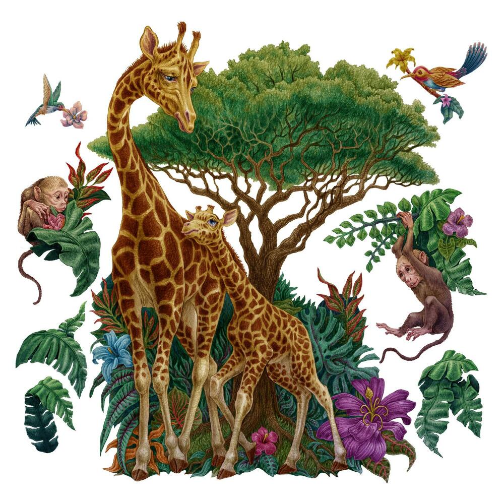 Samolepky na zeď dětské 80x119 Kresba safari zvířat a vegetace