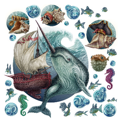Samolepky na zeď dětské 80x87 Kreslený mořský svět s lodí a zvířaty