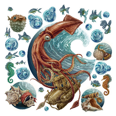 Samolepky na zeď dětské 80x81 Podvodní dobrodružství s mořskými tvory ve velkém stylu