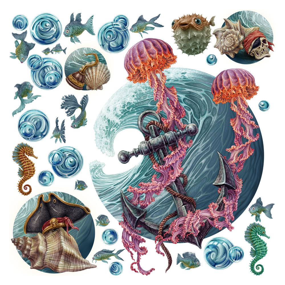 Samolepky na zeď dětské 80x86 Kreslený svět medúz v podvodním prostředí