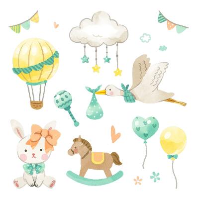 Samolepky na zeď dětské 80x143 Akvarelové hračky v jemných pastelových barvách