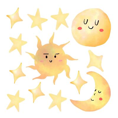 Samolepky na zeď dětské 80x119 Pastelové akvarelové motivy slunce a měsíce