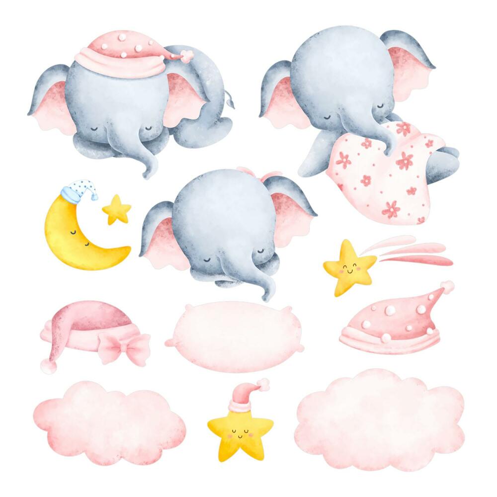 Samolepky na zeď dětské 80x122 Roztomilí pasteloví sloni s mraky na obloze