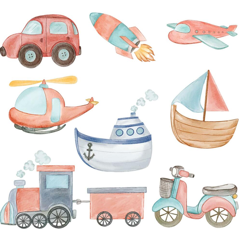 Samolepky na zeď dětské 80x126 Pastelová vozidla ve stylu akvarelu
