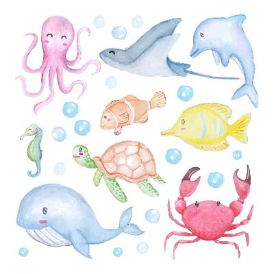 Samolepky na zeď dětské 80x113 Mořský svět v pastelových akvarelových odstínech