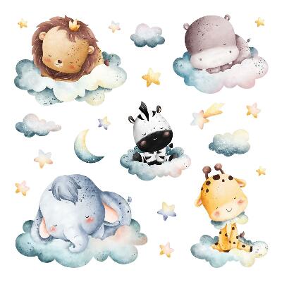 Samolepky na zeď dětské 80x119 Pastelové zvířecí sny na oblacích v noci
