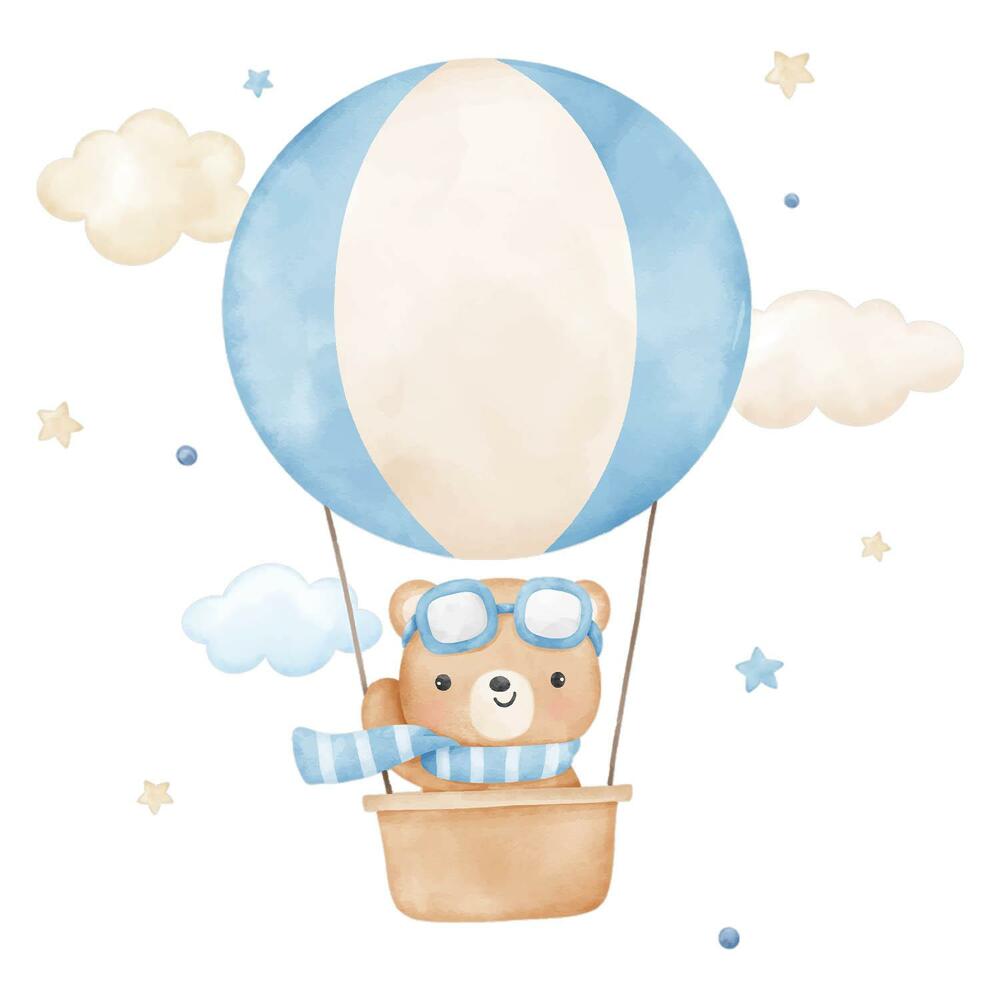 Samolepky na zeď dětské 80x122 Roztomilý medvídek s balónkem v oblacích pastelový akvarel