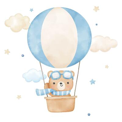 Samolepky na zeď dětské 80x122 Roztomilý medvídek s balónkem v oblacích pastelový akvarel