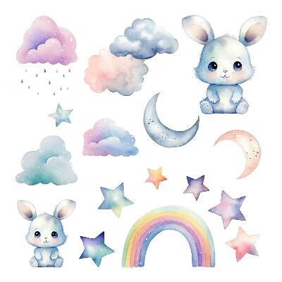 Samolepky na zeď dětské 80x107 Akvarelové králíčci na duhové obloze a měsících