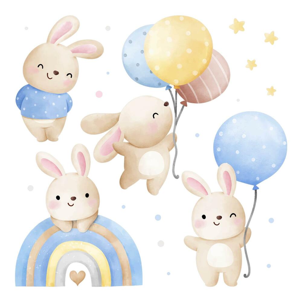 Samolepky na zeď dětské 80x125 Pasteloví zajíčci s balónky a hvězdami