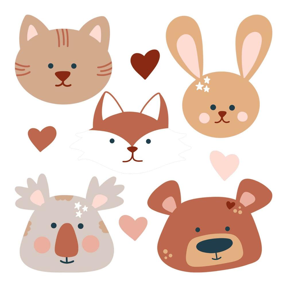 Samolepky na zeď dětské 80x129 Boho srdíčka s lesními zvířátky v pastelových barvách