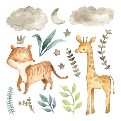 Samolepky na zeď dětské 80x132 Akvarelové safari s rostlinami a zvířaty