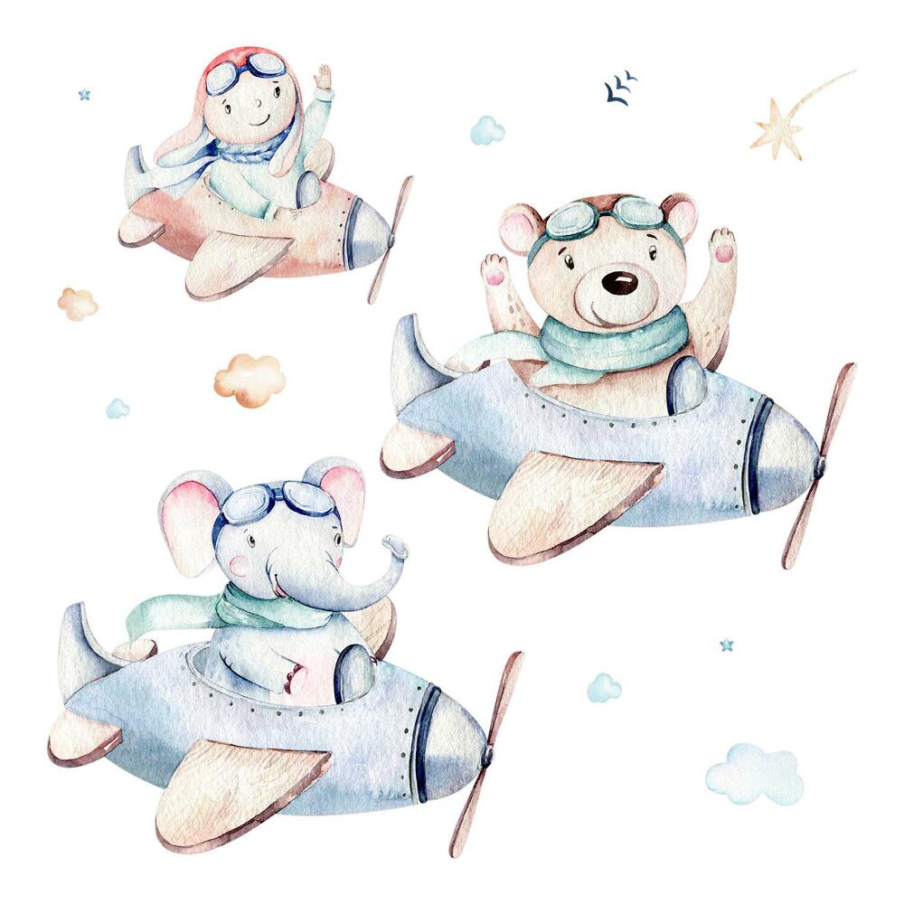 Samolepky na zeď dětské 80x123 Akvarelový slon a medvěd s chlapcem v letadlech