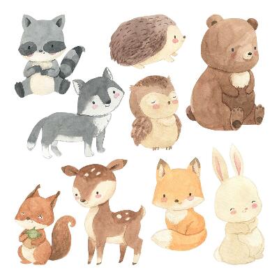 Samolepky na zeď dětské 80x139 Roztomilé akvarelové ilustrace lesních zvířat