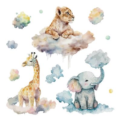 Samolepky na zeď dětské 80x127 Pastelové safari s divokými zvířaty v oblacích