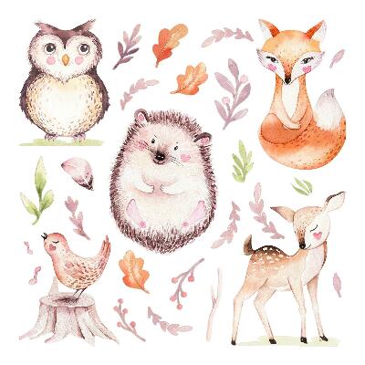 Samolepky na zeď dětské 80x95 Pastelová zvířata a rostliny v lesním stylu