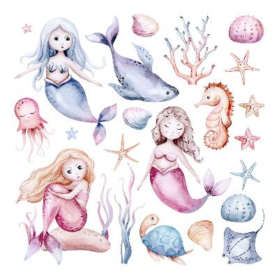Samolepky na zeď dětské 80x101 Pastelové mořské panny v akvarelové přímořské krajině