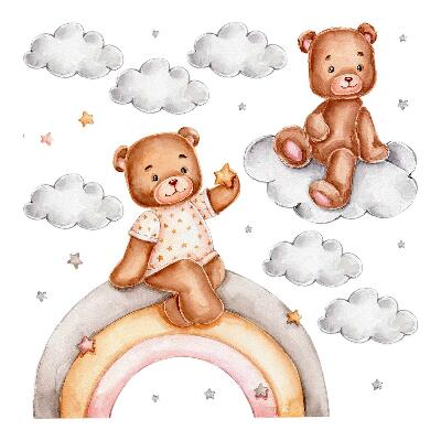 Samolepky na zeď dětské 80x106 Pastelové mraky s plyšovými medvídky na duze